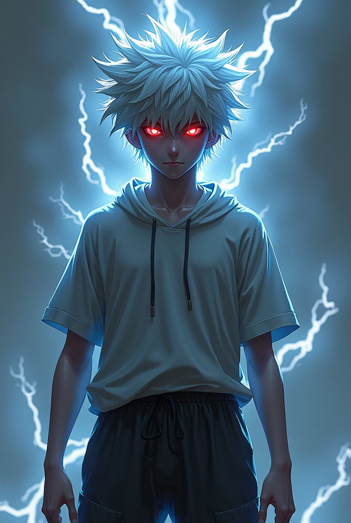 Strong boy, tough face, cold expression, cold red eyes, long white hair to bit, slightly messy hair, sharp look, scary look, stiff face, normal clothes, sportswear, wide pants, loose shirt, surrounded by lightning, eyes that are blazing with lightning, eyes surrounded by lightning