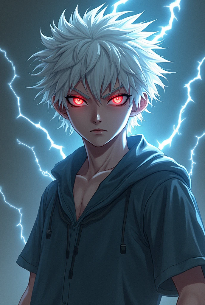 Strong boy, tough face, cold expression, cold red eyes, long white hair to bit, slightly messy hair, sharp look, scary look, stiff face, normal clothes, sportswear, wide pants, loose shirt, surrounded by lightning, eyes that are blazing with lightning, eyes surrounded by lightning