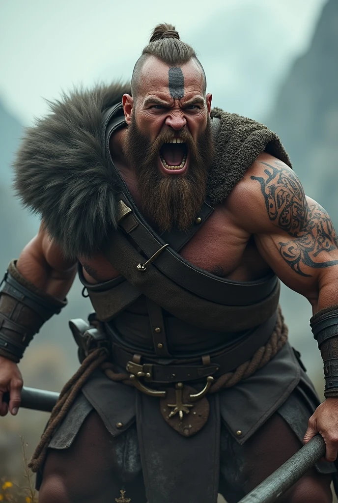  Realistic Viking warrior screaming with teeth bared with a Norse tattoo around his eye and with his eyes open 