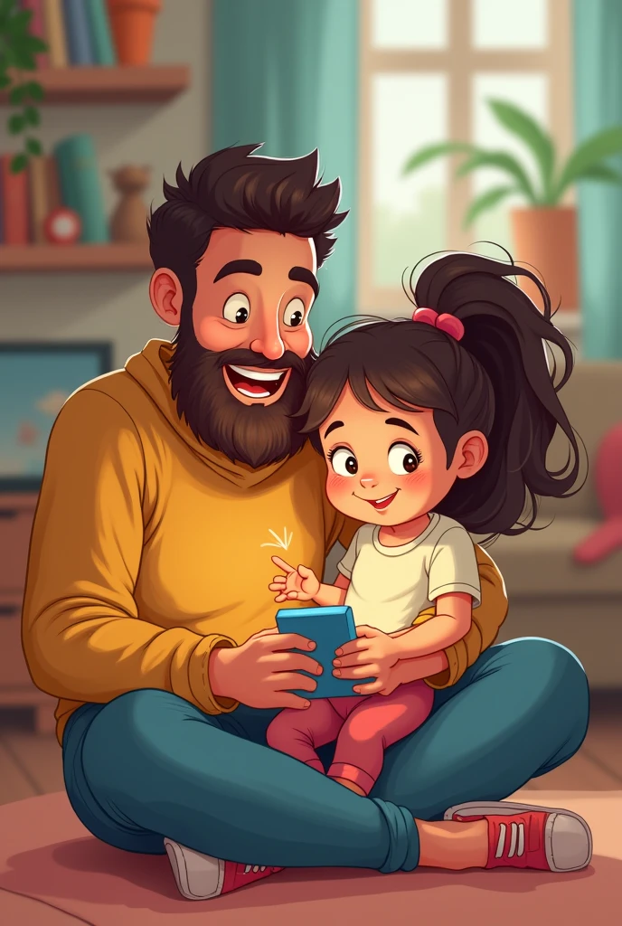 Beard man on mobile with toddler girl cartoon