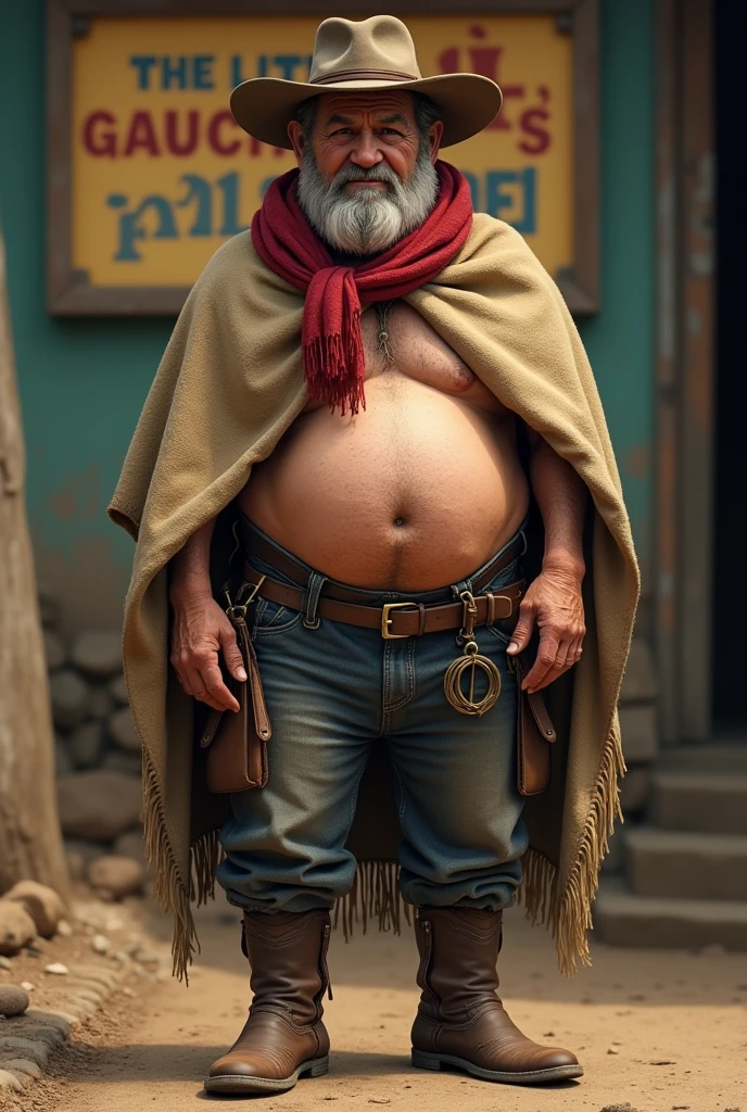 brazileiro, Native Gaucho, Roper, Geezer, poncho, leather boots, elsword, Red scarf with knot, realisitic ((((big boobies)))), small belly, sign in the background with the following phrase: "The little gauchinho's little breasts"