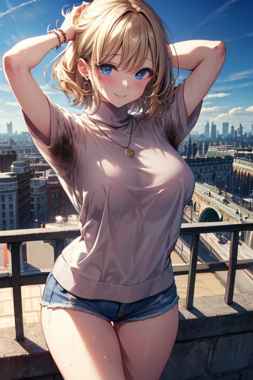 (NSFW)、((Highest quality、Very detailed、Beautiful lighting、Detailed face、Detailed eyes、masterpiece))、(Blonde、Blue Eyes、short hair、Wavy Hair、hairpin、Earrings、necklace、bracelet)、(eight-headed body、Beautiful legs、Large Breasts)、(white tight sweater、turtleneck、hot pants)、((Hot sunshine、Sweating profusely、Wet、Heat))、((Body odor))、(Detailed Background、London cityscape、Full body photo、A scene from a movie)、The best smile、fun