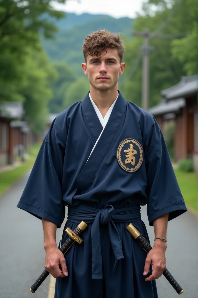 A young adult European man, around 2, short curly haired no beard on a road in japan feldal, wearing a navy blue kimono with a shield symbol on the left side of the chest of the garment with a "S" offwhite, carrying Samurai swords, with a brave expression, but nice.