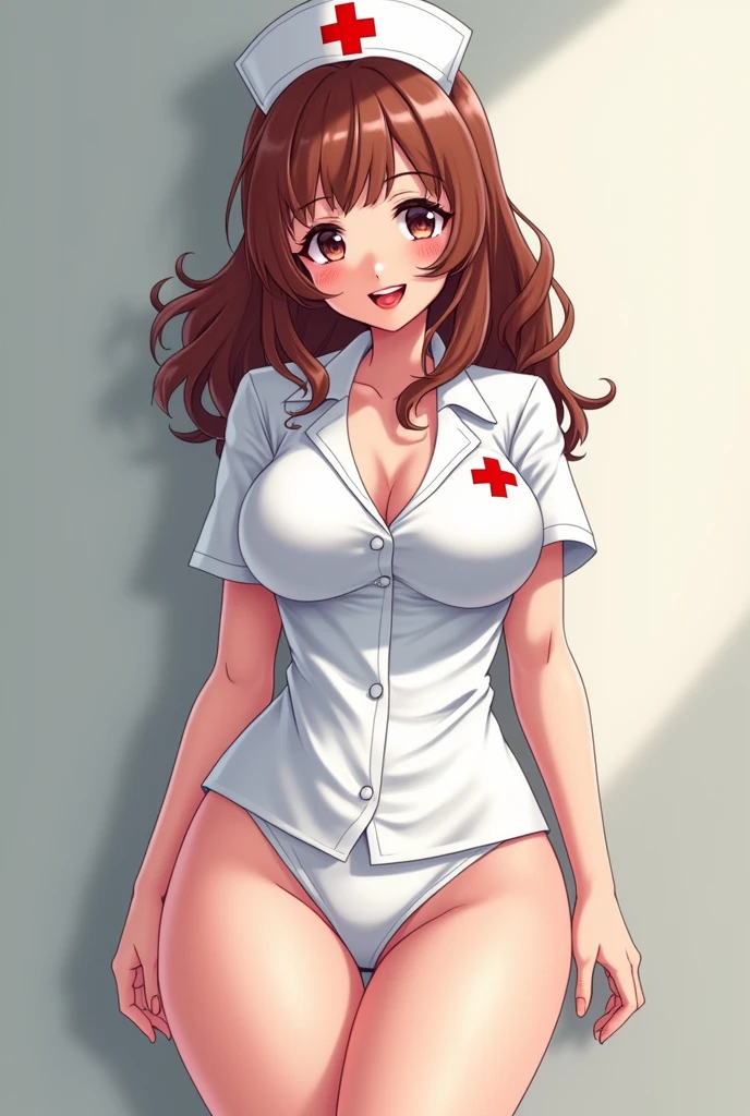 1 girl, standing alone, chestnut hair, lipstick, breasts big, thicc thighs, nurse outfit, smiling, standing in anime
