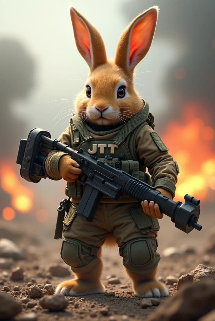 Holland Lop Eared Rabbit with both ears fully drooping　Light broken orange、Special Forces Look、The body is muscular and well-trained.、The clothes say JTt、A fierce battlefield with explosions、He has a dumbbell and a gun in his hand