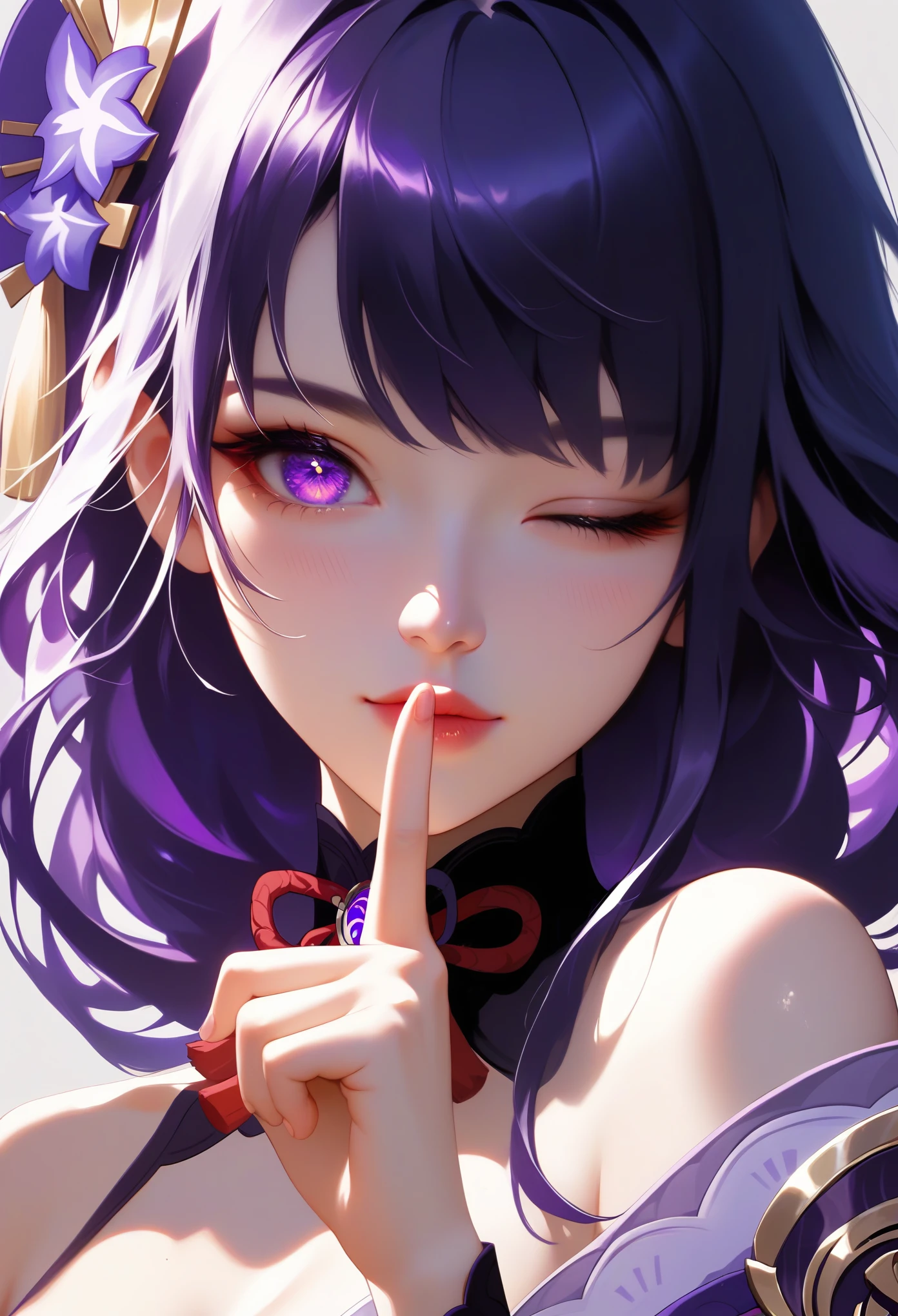 score_9, score_8_superior, score_7_superior,sauce_anime, High-resolution images,masterpiece,Highest quality,girl,Cute Face,Beautiful Skin,_Shogun_Genshin Impact, Purple long hair,One finger raised to his lips,Winking with one eye closed