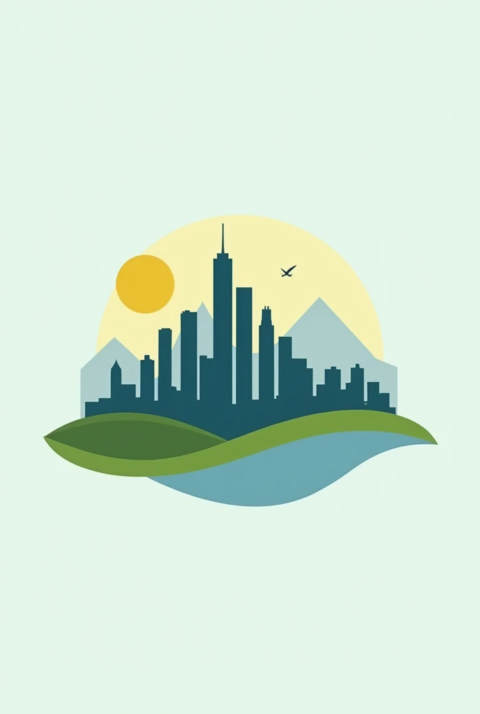 A SIMPLE logo, minimalistic, with a city, with the following colors: cerulean, green and yellow, No sunshine, not pássaros