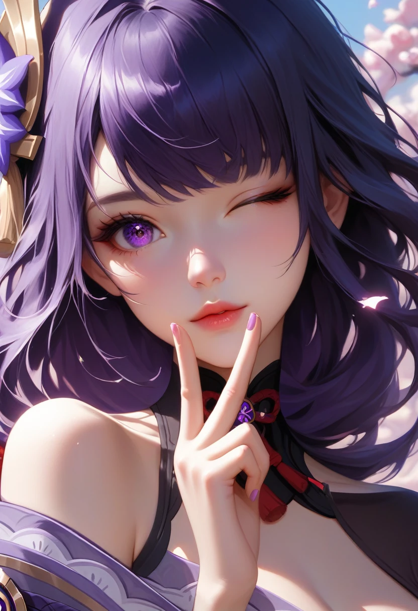 score_9, score_8_superior, score_7_superior,sauce_anime, High-resolution images,masterpiece,Highest quality,girl,Cute Face,Beautiful Skin,_Shogun_Genshin Impact, Purple long hair,One finger raised to his lips,Winking with one eye closed