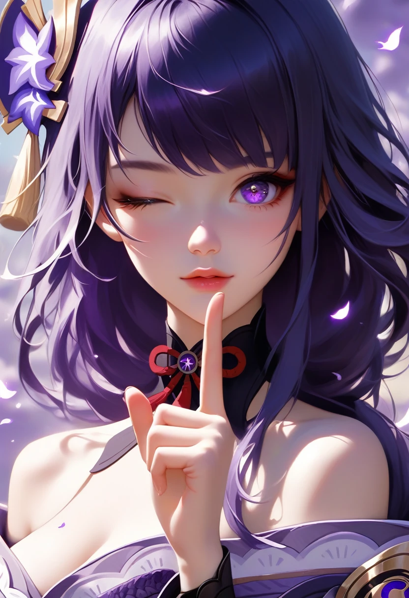 score_9, score_8_superior, score_7_superior,sauce_anime, High-resolution images,masterpiece,Highest quality,girl,Cute Face,Beautiful Skin,_Shogun_Genshin Impact, Purple long hair,One finger raised to his lips,Winking with one eye closed