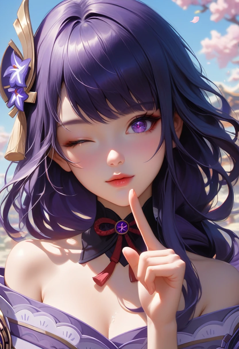 score_9, score_8_superior, score_7_superior,sauce_anime, High-resolution images,masterpiece,Highest quality,girl,Cute Face,Beautiful Skin,_Shogun_Genshin Impact, Purple long hair,One finger raised to his lips,Winking with one eye closed