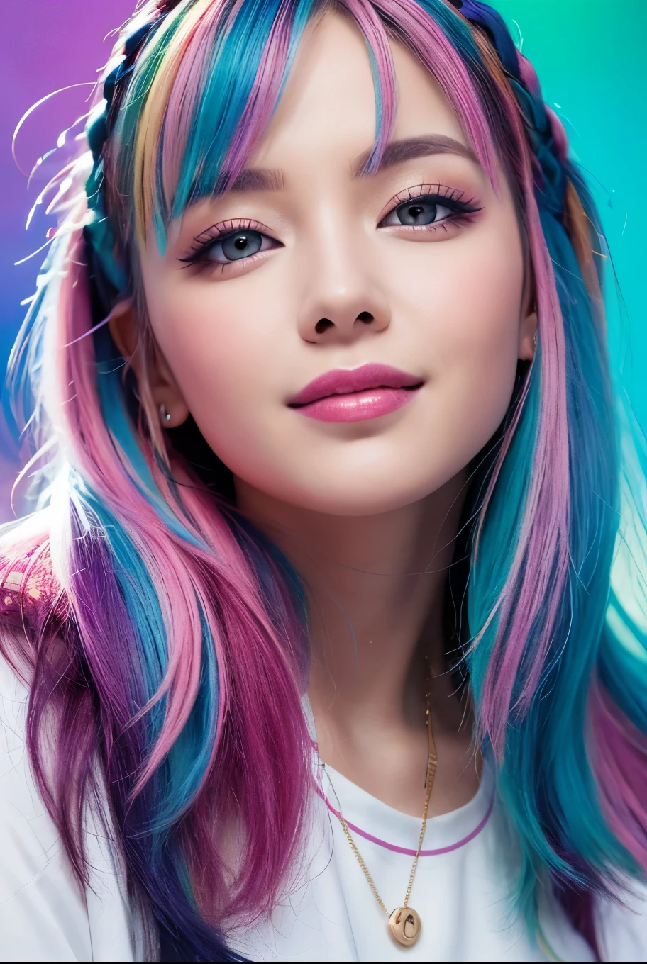 high quality, real、High resolution, Realistic、8k、masterpiece, detailed.impressive, Cutting-edge female photography portraits、Happy expression、Looking at the camera、cyan, and purple, Her vibrant makeup really catches the eye.. Her colorful hair is tied up high、Various hair colors、Swedish House