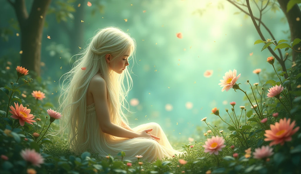 soft lighting, dreamy atmosphere, ethereal aesthetic, fantasy theme, nature elements, floral background, delicate details, flowing hair, whimsical pose, vibrant colors, sitting