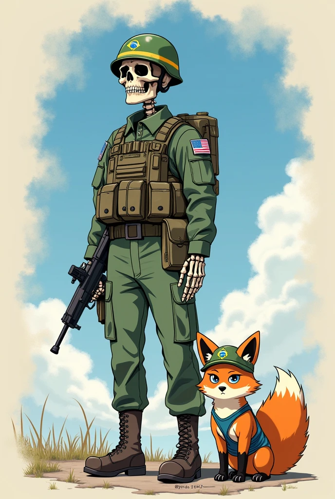 Brazilian skeleton soldier with UN helmet, with the company of a furry fox in a bra and sweatpants with a UN helmet on a peacekeeping mission in Belarus in a cute sexy anime drawing.