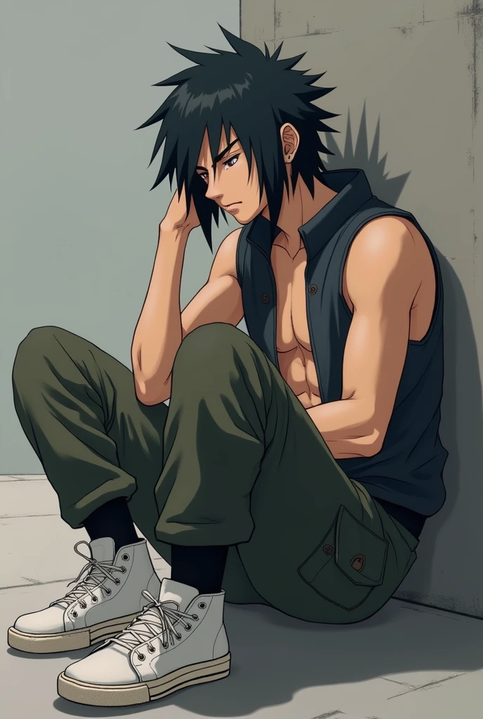(pNara_Shikamaru, look right, leaning on a wall, sitting on floor、solo、white skinned、hason、young ,(Long messy hair)、(cargo pants、vests、White sneakers)、Detailed body、(Detailed face) 、(8k ,tmasterpiece、 hyper HD、 Top resolution,、The is very detailed、 profesional lighting、 Gray light illumination, a little distance, 6 pac
