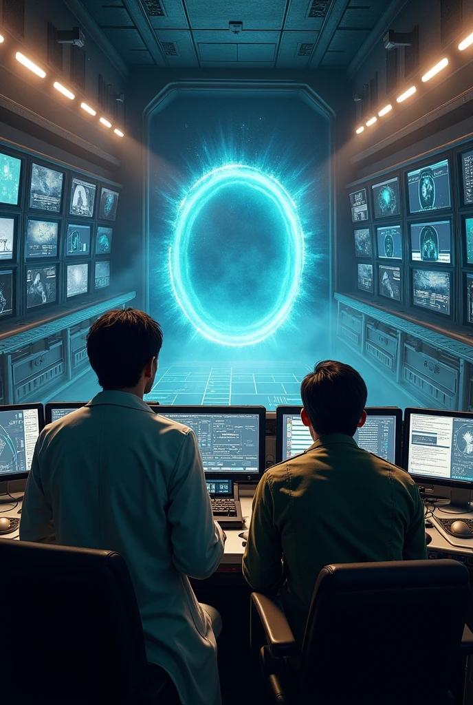 In a control room a lot of screens. Some are black and others are screen-printed showing an interdimensional portal. And another screen showing values exceeding limits. And that this is a male scientist with an ambitious personality. And a male army commander looking at the screens standing. a portal to another world. Like the ones from stranger things
