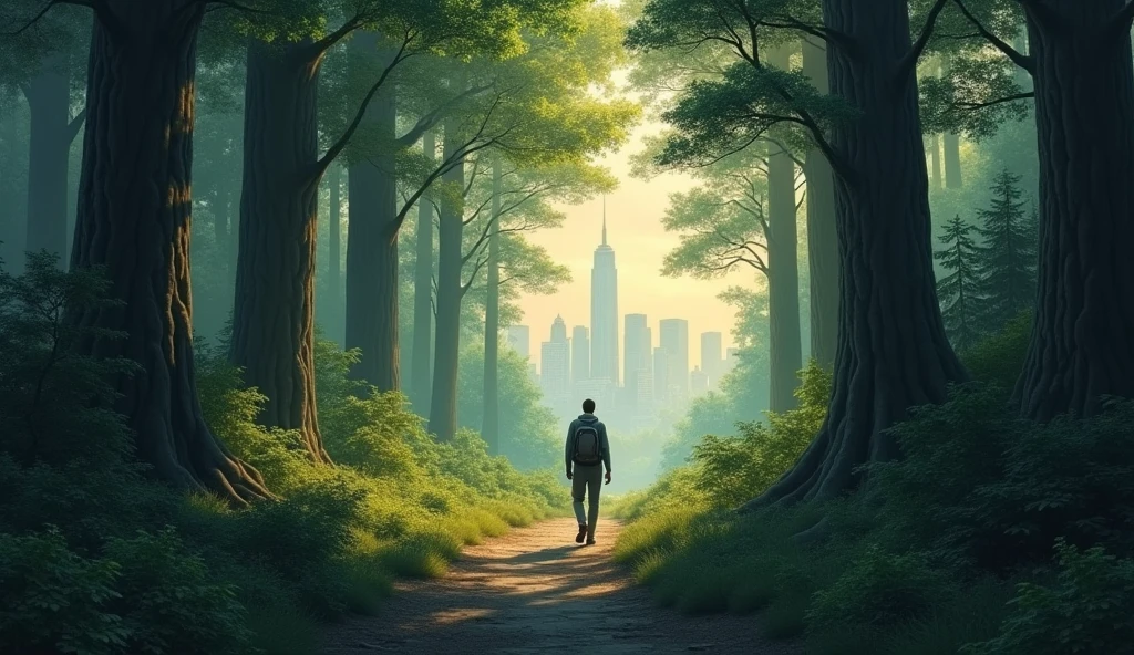 A person walking alone on a forest trail, surrounded by tall trees (humility), while in the background there is a distant city (pride) with bright lights.