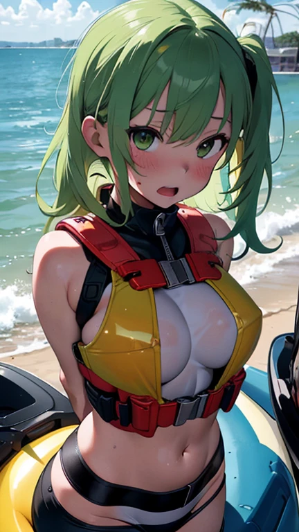 mastute piece,Best Quality,insanely detailed,8k cg,nsfw,
(shoot upper body:1.3),
(1girls:1.3),ride on jet ski,looking at viewr,body in front,((both arms behind back:1.4)),(life jacket:1.4),bare breasts,break,
blush,shy,(ecstasy face),(trembling:1.2),break,(light green hair:1.4),
break,
perfect breasts,perfect teats,(open mouth:0.9),(large breasts:1.2),
(sea:1.1),jet ski,