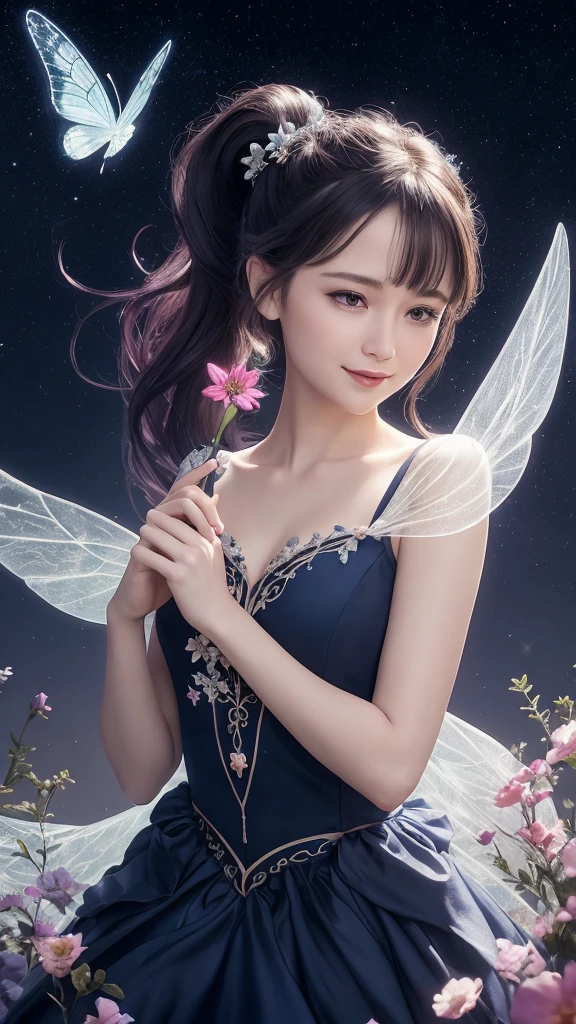A beautiful flower fairy with navy dress and ponytail hair,holding a starry wand. She has transparent, colorful wings and a gentle smile, facing the viewer directly. The background is a bright, colorful garden full of flowers in a daytime setting, depicted in romantic fantasy digital art, showing only the upper half of her body.