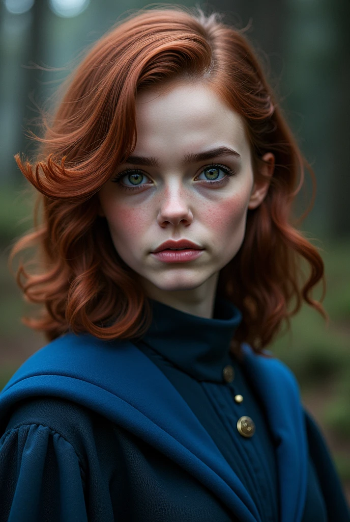 Pretty young girl inspired by Emma Watson with medium length dark magenta red hair; with eyes that vary between green, gray and light brown; fair skin and blue Ravenclaw witch robes. realisitic.