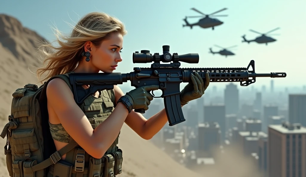 Realistic、Photorealistic、Realistic skin texture、Photo quality、high resolution、High definition、Beautiful arabian girl、The upper body is wearing a camouflage bra top.、Youthful Looking Face、Buildings in Manhattan、Very beautiful 1 female soldier、Carrying a military backpack、Wearing a bulletproof vest、Aiming an M4 automatic rifle、Shooting a realistic sniper rifle、Blond medium-long hair fluttering in the wind、Wearing a walkie-talkie headset、Young face、Three military helicopters are flying in the sky.、The background is a skyscraper district、Smoky battlefield、The background is blue sky、The person is a full-body angle、Watching the audience、facing towards the cameraman
