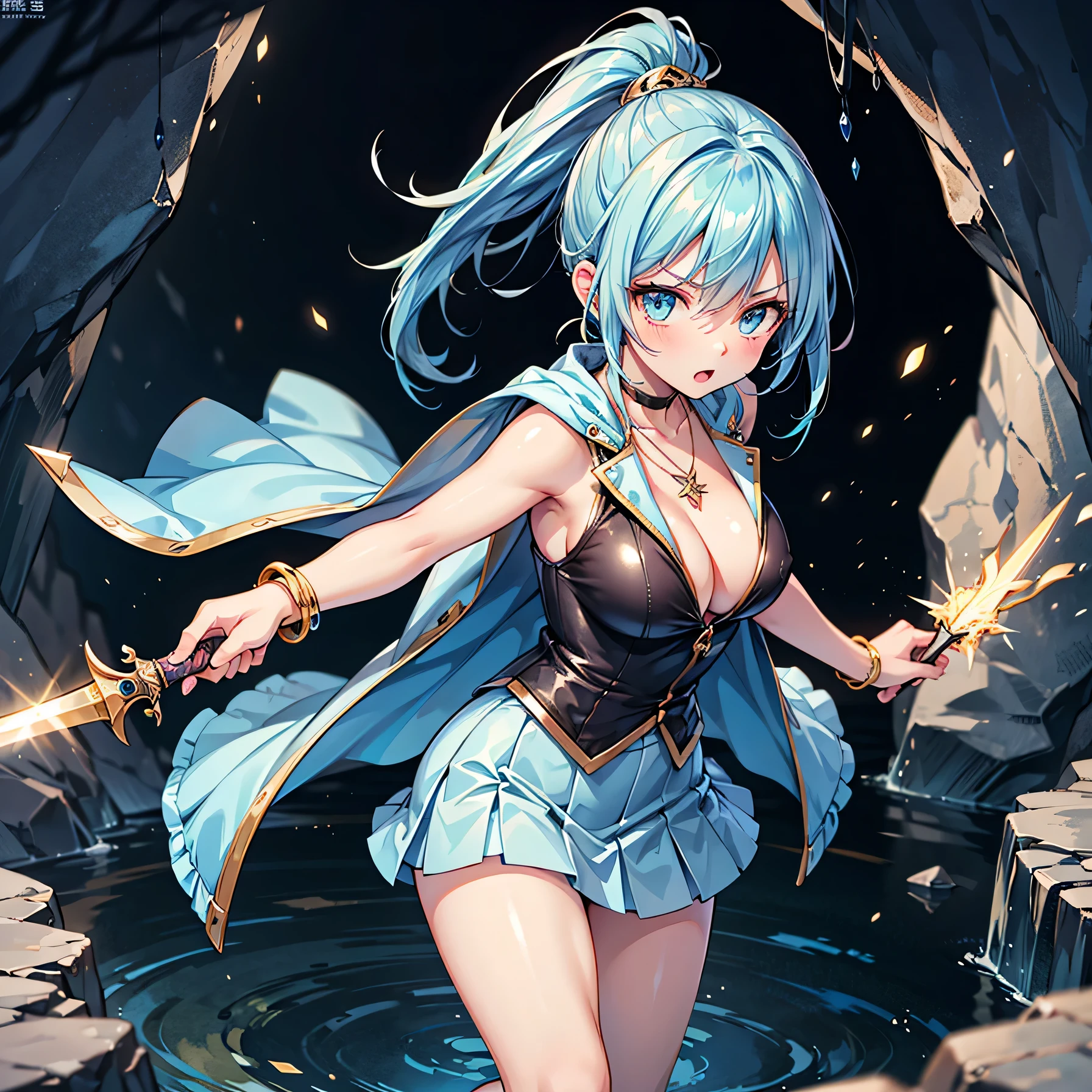 Anime Moe Art Style,Highest quality,High resolution,Anatomically correct,Mid-s,Light blue hair ponytail,Super detailed,Big Breasts,Shiny skin,Beautiful Skin,A rich expression,Serious expression,shout,cave,Sleeveless jacket,mini skirt,Wielding a dagger,Fight monsters,necklace,bracelet,hair ornaments,Eyes drawn in detail,8k