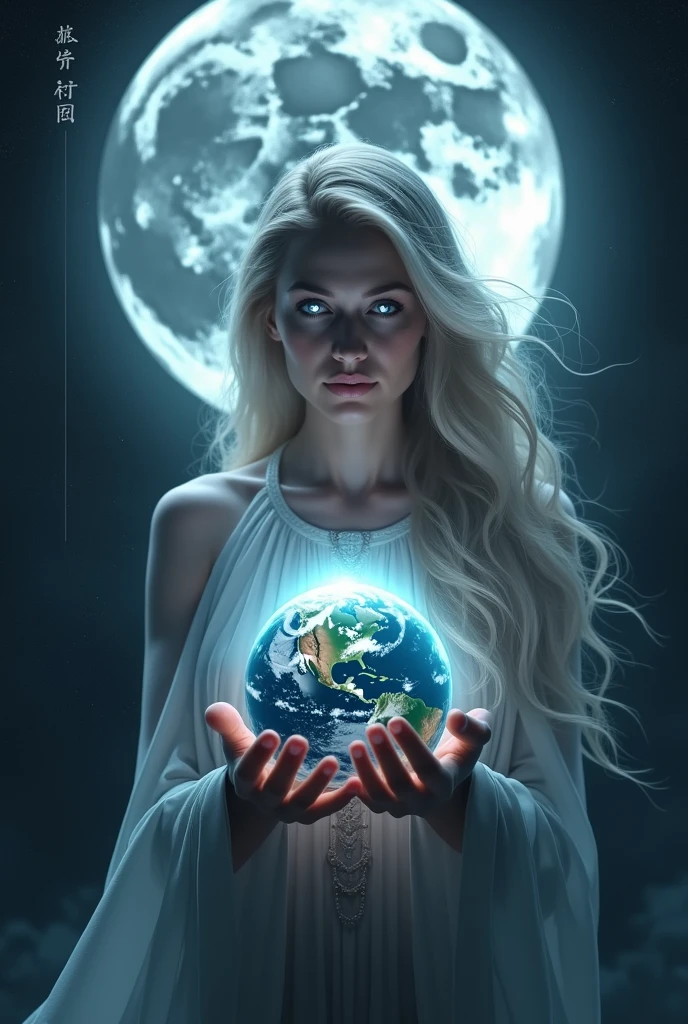 a moon goddess is holding planet earth in her hands, she is gorgeous and her eyes shine white, she is floating in the space, full moon at background, moon light comes from her back and make she dark