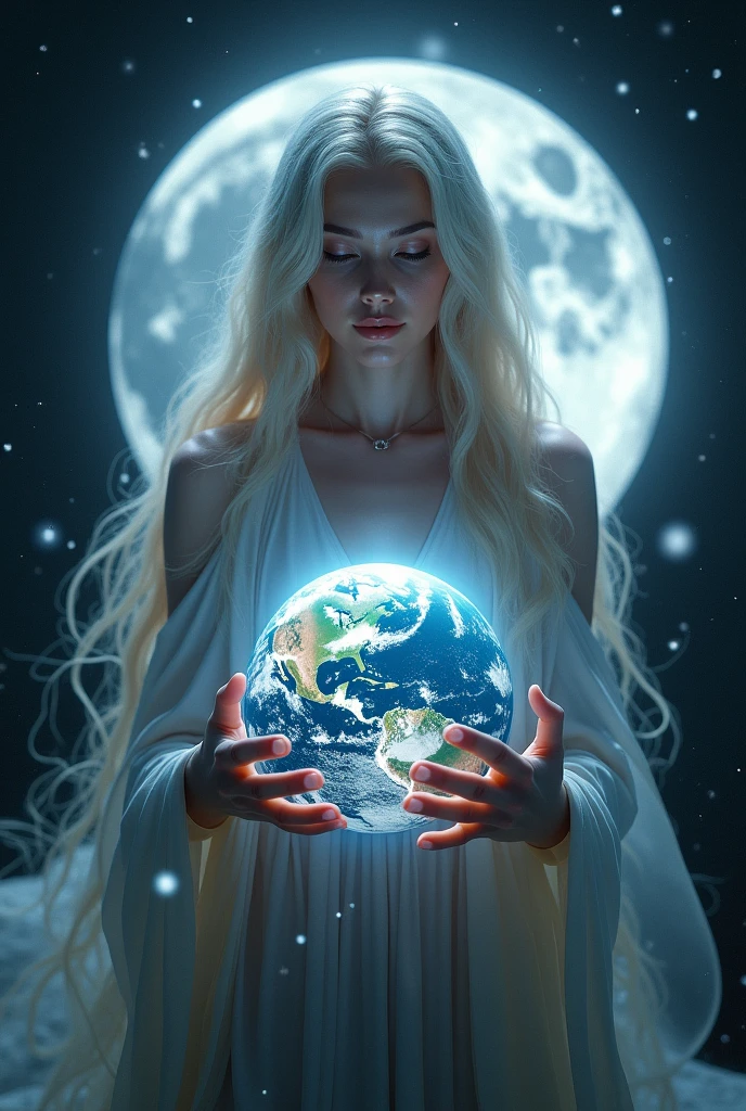 a moon goddess is holding planet earth in her hands, she is gorgeous and her eyes shine white, she is floating in the space, full moon at background, moon light comes from her back and make she dark