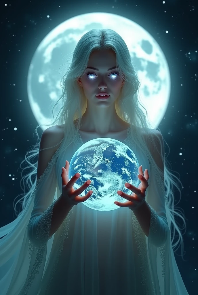 a moon goddess is holding planet earth in her hands, she is gorgeous and her eyes shine white, she is floating in the space, full moon at background, moon light comes from her back and make she dark