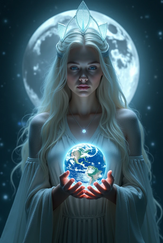 a moon goddess is holding planet earth in her hands, she is gorgeous and her eyes shine white, she is floating in the space, full moon at background, moon light comes from her back and make she dark