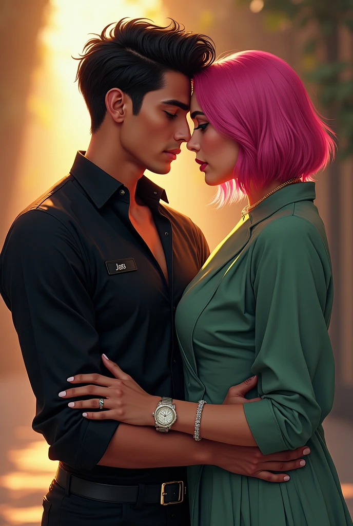 A handsome young man with black hair, withshort hair , , black eyes, he is wearing a black formal shirt, Jass name sticker on shirt and white jean pant , Diamond watch and diamond belt and he hugs an incredibly beautiful femme fatale young woman, she has a pink hair with a very short haircut standing next to him, she has a punjabi suit and big breast,she has brilliant green eyes, . Masterpiece, perfect image, realistic pictures, detailed face study, full-length image, 8k, detailed image. an extremely detailed illustration, a real masterpiece of the highest quality, with careful drawing. Sasuke Uchiha and Sakura Haruno. The Instagram ID should be written on the background: Jass The World.