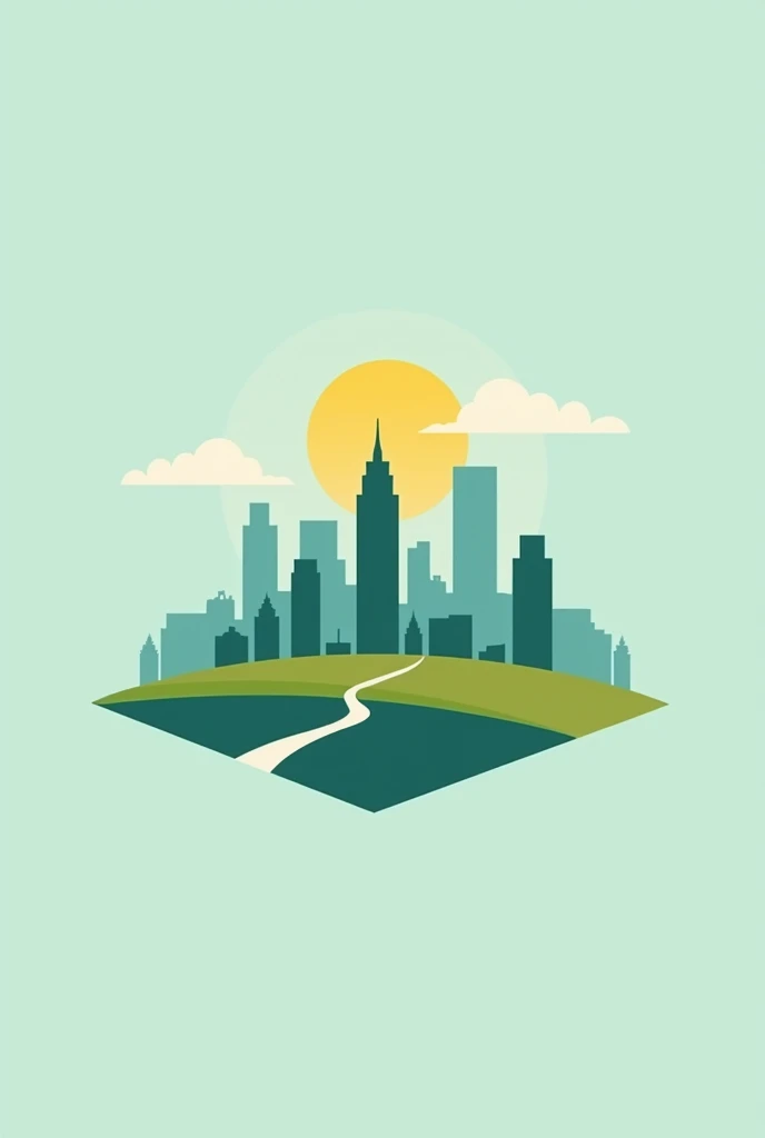 A SIMPLE logo, minimalistic, with a city, with the following colors: cerulean, green and yellow, No sunshine, not pássaros