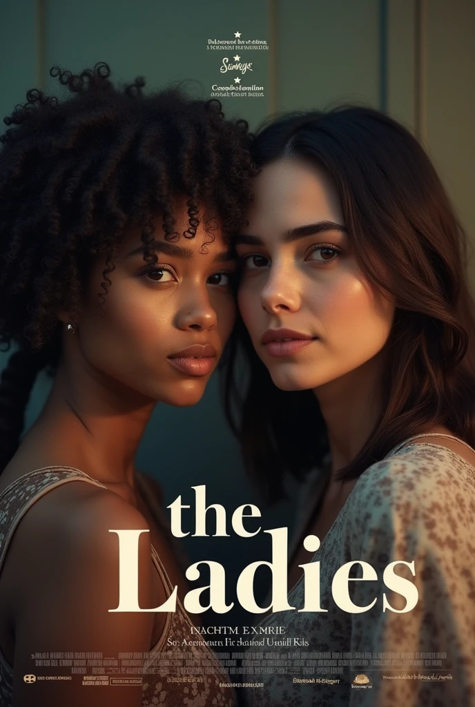 Create the cover of a movie that is two sisters as adults, one with curly hair and a thin ponytail and a little dark, and the other with medium complexion and layered hair and a little dark, and the title is called the ladies and that both look 3.