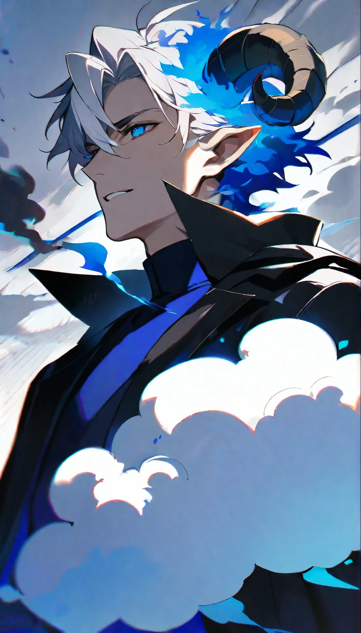 Solitary, Handsome, 1 male, short hair, White hair, Blue eyes, rays of black light, Black coat, smokes, blue fire, fire,White background,Sheep horns