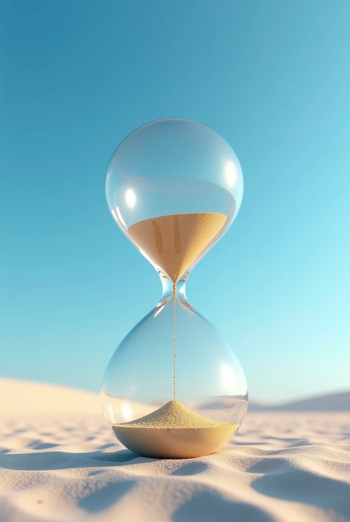 An hourglass with sand on a sand with a blue sky background