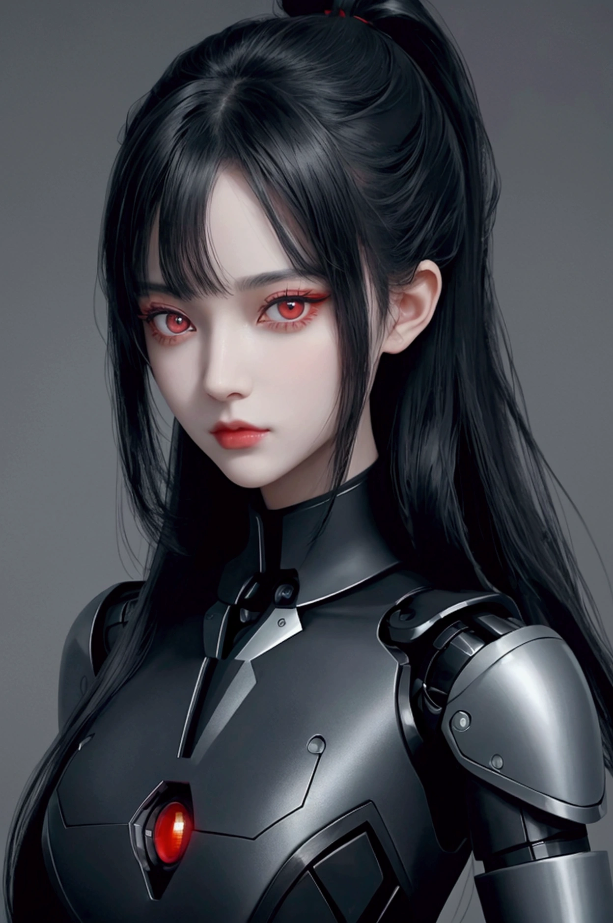 beautiful girl, black hair, bangs and long ponytail, natural red eyes, strongly outlined gothic style eyes, she is a mix of human and robot, perfectly synchronized, with high detail, a perfect mix at the same time marks the difference between human and robotic, she looks expressively at the camera in a close-up detailing her beauty, cinematic lighting, 8k, masterpiece