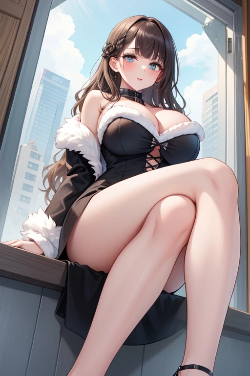 ((Best Quality)), ((masterpiece)), (detailed), 1 girl, with tight black dress, ((crossing legs)),((sitting)), white panties, big breasts,wavy fur,looking at the viewer,((Whole body)),((views)),((view from below