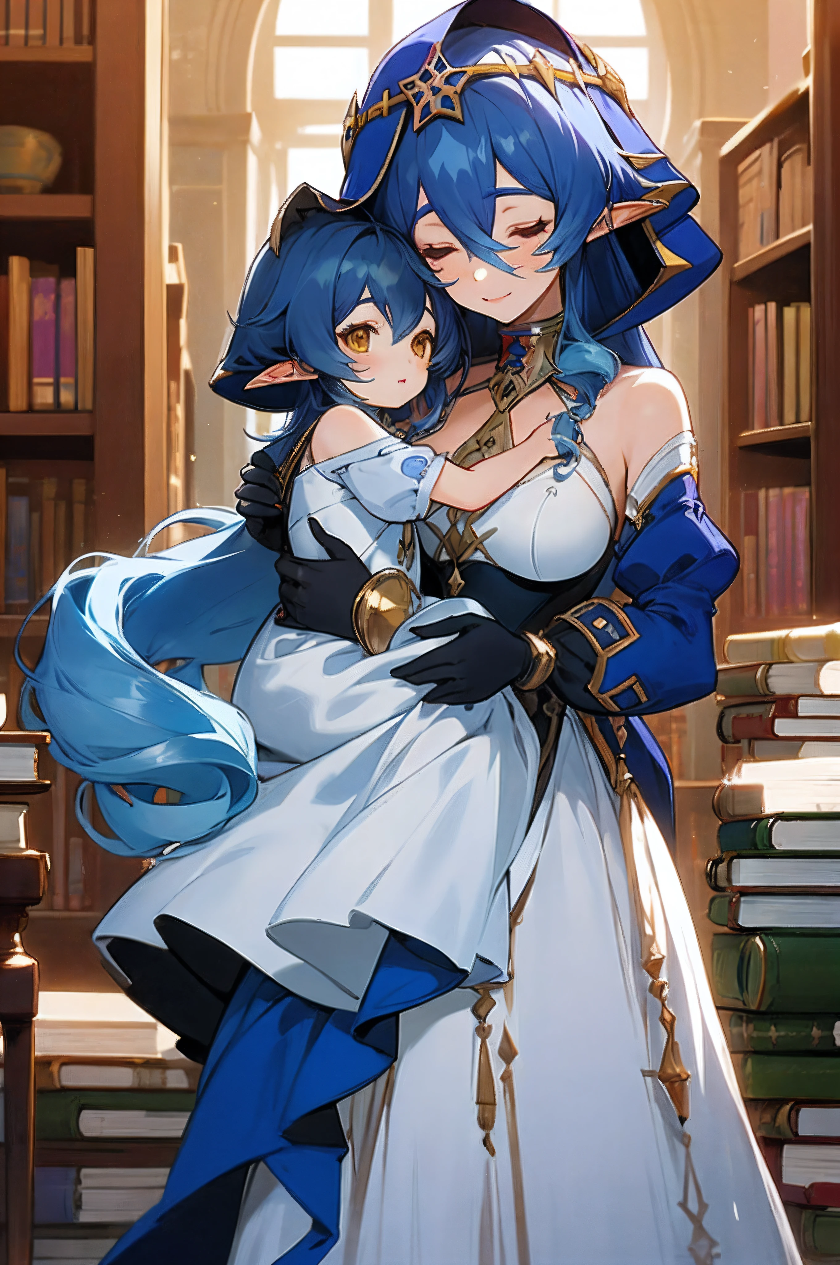 anime image of two women dressed posing for a photo as arab library clothes in summer, beautiful decoration on the dress, palace a girl in the palace,medium hair, hair blue , anime fantasy illustration, from the azur lane videogame, genshin, detailed art by layla, two beautiful anime girls, mother and son, symbol of motherly love, mother and son, such as photos of mother and son, ssmile, school library, Leprechaun, Long Earings, Boken, stack of Bokens, BokenshLeprechaun
