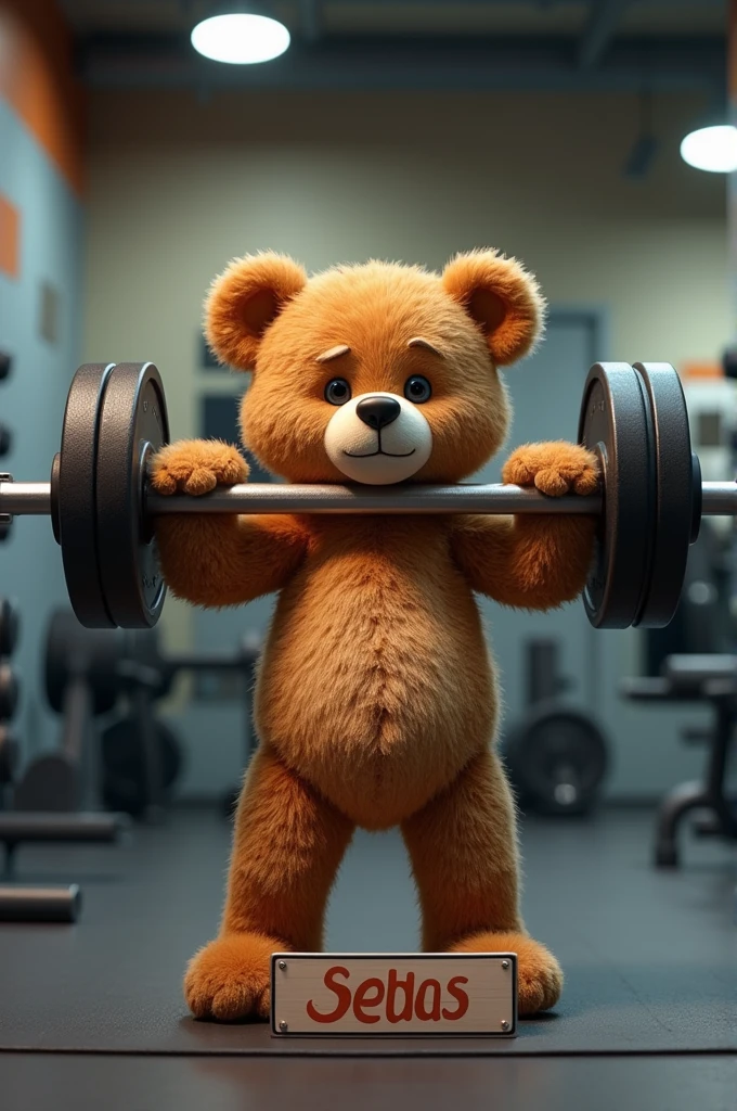 Teddy bear lifting gym weights, with a sign that says Sebas