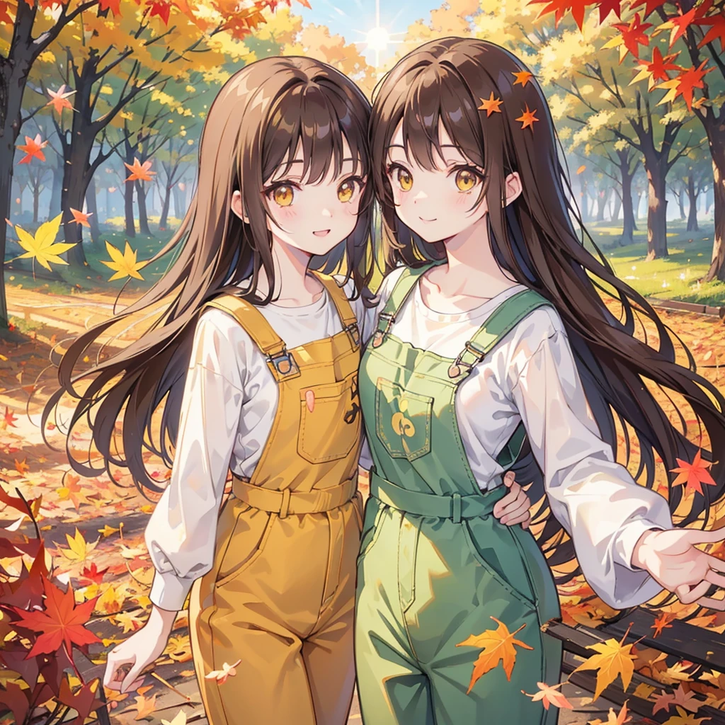 kawaii, anime, Cute, hyper quality, highly detailed, 8k, Clarity, Draw facial expressions in detail, yellow eyes, brown hair, the sun shines, highlight on eyes, wear overalls, field, smile, infect one person, tree with autumn leaves, Maple leaves are dancing, light shines, noon, bright, upward glance,