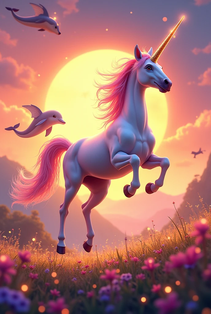 Symphony image that has a unicorn with a super colorful landscape , that is jumping in a sunset and behind dolphins that has wings and many colorful things