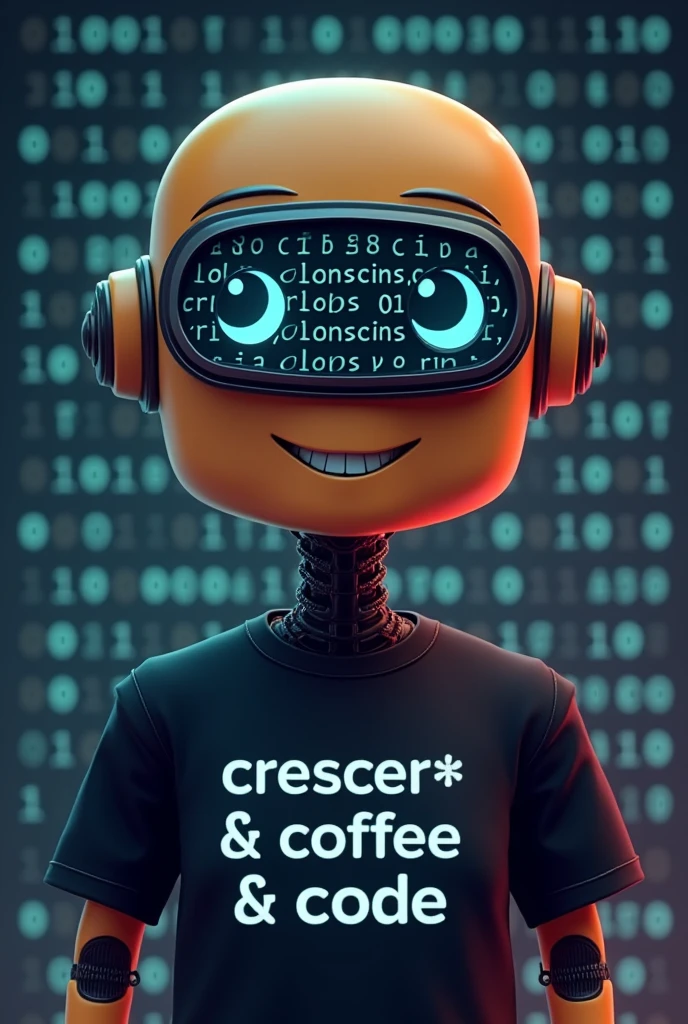 art of an avatar of a code reviewing robot wearing a black t-shirt with "CRESCER && COFFEE && CODE" and face like robo with visor reflecting Java code looking front of the camera like animations 2d. Friendly and kind robot. The background should be numbers like 0 and 1 reppeteadly