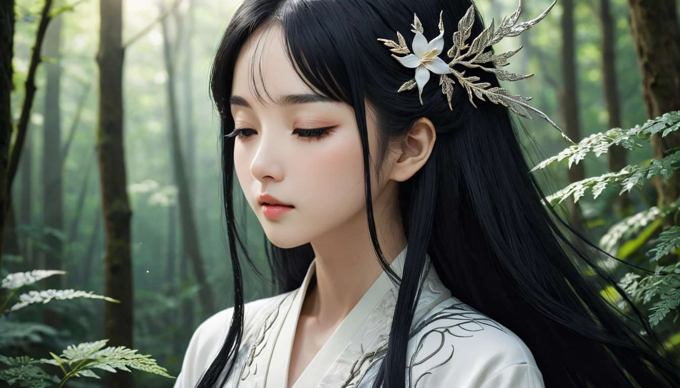 8G、High resolution、龍god刺繍の美Shii白い絹の着物を着た女god、Close your eyes、Long black hair、Delicate textured profile、Long eyelashes、god々Shii、forest、美Shii川、Sparkling、Pure space、
