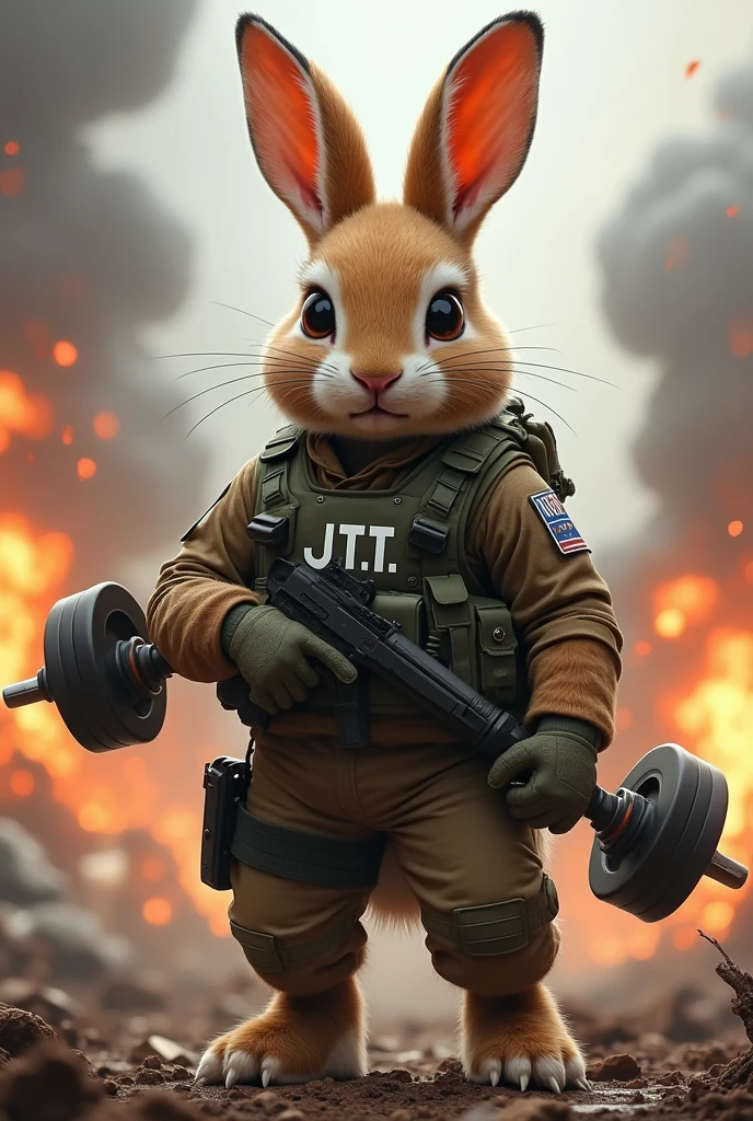 Holland Lop Eared Rabbit with both ears fully drooping Light broken orange、Special Forces Look、The body is muscular and well-trained.、The clothes say JTt、A fierce battlefield with explosions、He is holding a dumbbell in his left hand and a gun in his right hand.