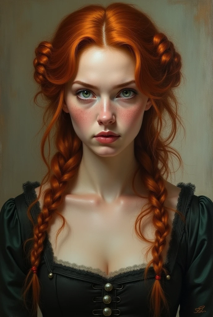 red-haired woman, wavy hair 2, greeneyes, serious and cynical expression 19th century