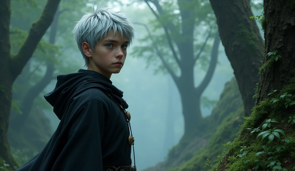 a teenager half-elf male with silver short hair and ice blue eyes, silvan ehalf-elf, A boy wearing a black cloak, forest, high realism