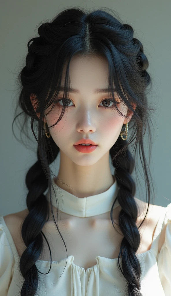 there is a woman with long black hair wearing a white top, an album cover inspired by Mei Qing, tumblr, realism, long braided black hair, long dark braided hair, with black pigtails, long black braided hair, long pigtail, pigtails hairstyle, long braided white hair, long braided hair on top of head, long braided hair, long black braids