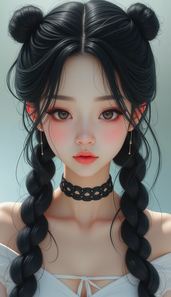 there is a woman with long black hair wearing a white top, an album cover inspired by Mei Qing, tumblr, realism, long braided black hair, long dark braided hair, with black pigtails, long black braided hair, long pigtail, pigtails hairstyle, long braided white hair, long braided hair on top of head, long braided hair, long black braids