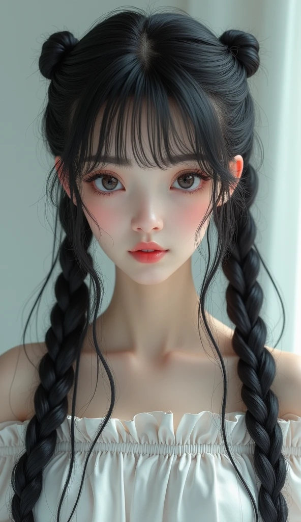 there is a woman with long black hair wearing a white top, an album cover inspired by Mei Qing, tumblr, realism, long braided black hair, long dark braided hair, with black pigtails, long black braided hair, long pigtail, pigtails hairstyle, long braided white hair, long braided hair on top of head, long braided hair, long black braids