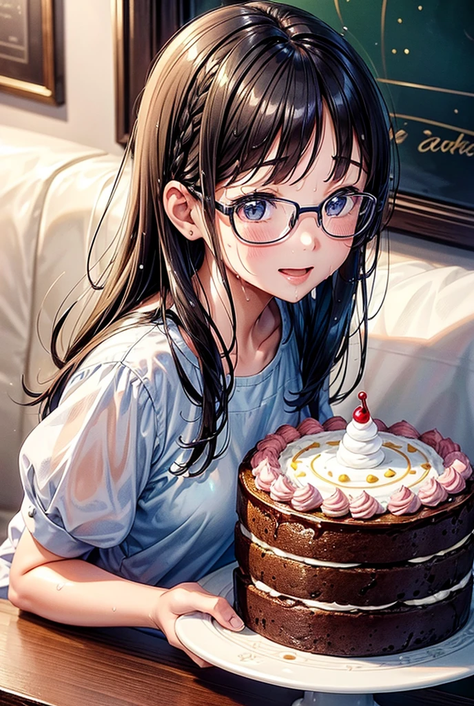 A father and his five-year-old daughter celebrating their birthday together、Heartwarming illustrations。My father was clean shaven、She has a clean-cut face.、She has short, asymmetrical brown hair.。The father is wearing a casual shirt、Wearing simple glasses。My daughter happily eating her birthday cake.、Smiling kindly and watching over。My daughter has a little ribbon in her hair.、Dressed in pretty festive clothes、Enjoying the cake。The illustrations have a soft and warm atmosphere.、Drawn in pastel colors and soft lines.。There are balloons and decorations in the background.、There is a fun and celebratory mood。The overall image is、Affectionate、Joyful、Heartwarming scene, (masterpiece:1.4), (ultra detailed:1.4), (extremely detailed CG:1.4), (Shiny glossy wet hair:1.4), (super fine illustration:1.4), full lip gloss,