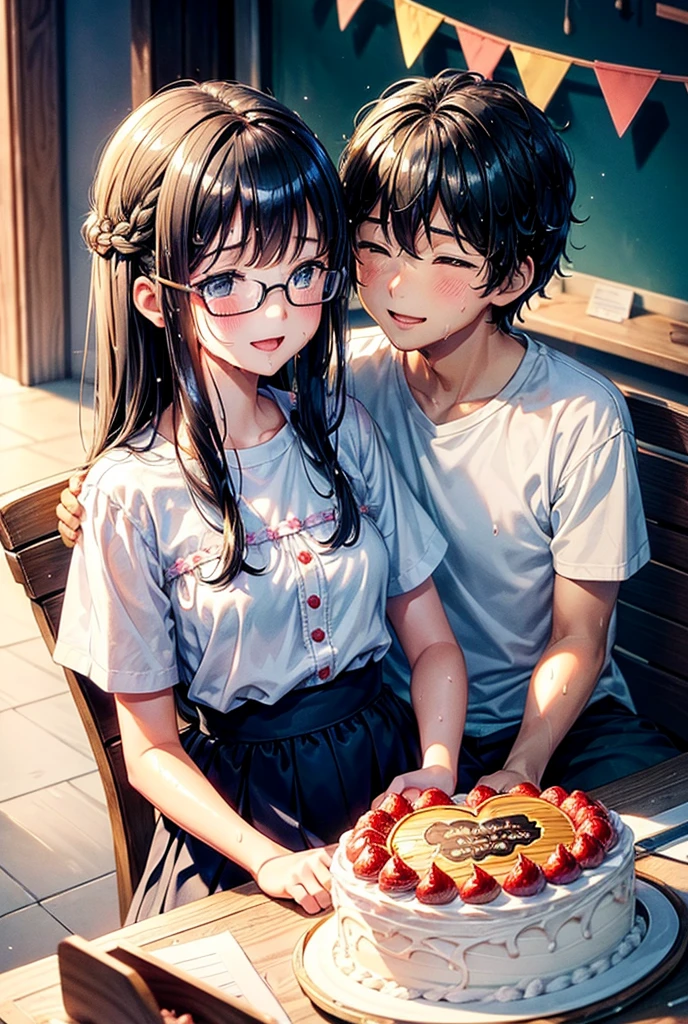 A father and his five-year-old daughter celebrating their birthday together、Heartwarming illustrations。My father was clean shaven、She has a clean-cut face.、She has short, asymmetrical brown hair.。The father is wearing a casual shirt、Wearing simple glasses。My daughter happily eating her birthday cake.、Smiling kindly and watching over。My daughter has a little ribbon in her hair.、Dressed in pretty festive clothes、Enjoying the cake。The illustrations have a soft and warm atmosphere.、Drawn in pastel colors and soft lines.。There are balloons and decorations in the background.、There is a fun and celebratory mood。The overall image is、Affectionate、Joyful、Heartwarming scene, (masterpiece:1.4), (ultra detailed:1.4), (extremely detailed CG:1.4), (Shiny glossy wet hair:1.4), (super fine illustration:1.4), full lip gloss,